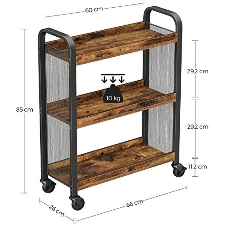 Vasagle Servierwagen, platzsparender Küchenwagen mit Universalrollen, Küchenregal mit verstellbaren Füßen, stabiles Metallgestell, 66 x 26 x 85 cm, Industrie-Design, Vintage, Dunkelbraun von Songmics LRC66BX – Bild 5
