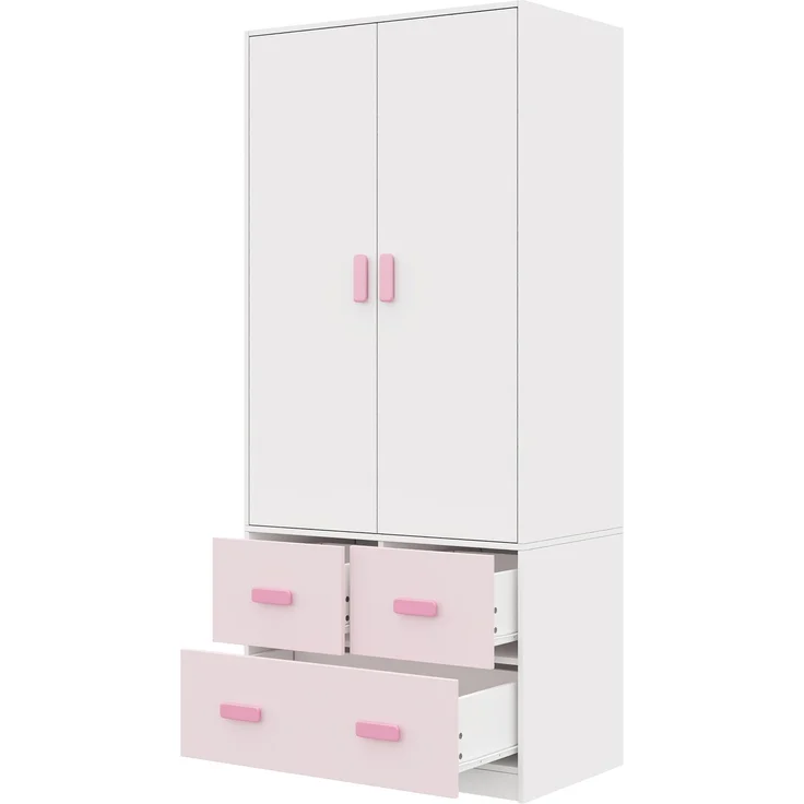 MODFU Kleiderschrank Rosafarbener Kinderschrank 80x48x180 cm mit weißen Akzenten (Packung, 1-St, Inkl. Kleiderstange & 3 Schubladen, pflegeleicht) Ideal als Schlafzimmerschrank für Mädchen & Jugendliche – Bild 6