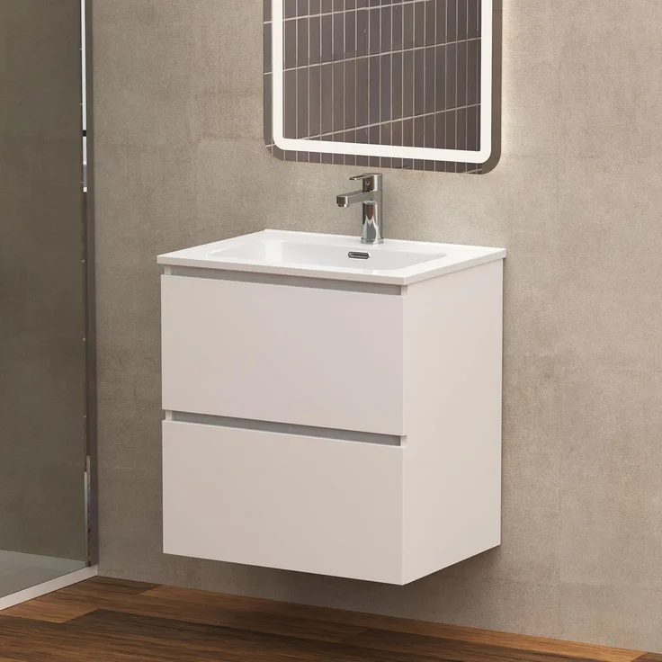 Baikal Badmöbel Klay, montiert, 2 Schubladen mit Waschbecken, Badezimmerschrank, Keramikwaschbecken, 60 cm, Weiß – Bild 2