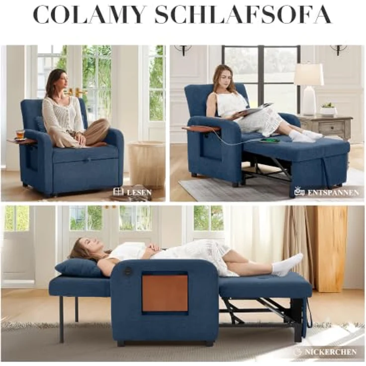 COLAMY Verwandelbarer Schlafsessel Stoff Futon Sofa Bett, Einzel Schlafsofa mit USB-Anschluss, klappbarem Tisch, Kissen und Verstellbarer Rückenlehne für Wohnheim, Schlafzimmer, Blau – Bild 7