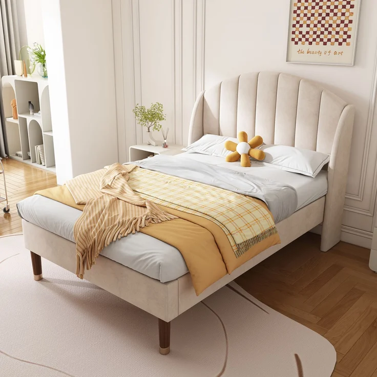 EINHOM Polsterbett 90 x 200 cm mit Lattenrost und Kopfteil, Jugendbett, Einzelbett, Holzlattenunterstützung, Einfache Montage, Samt, Beige, (Ohne Matratze) – Bild 1