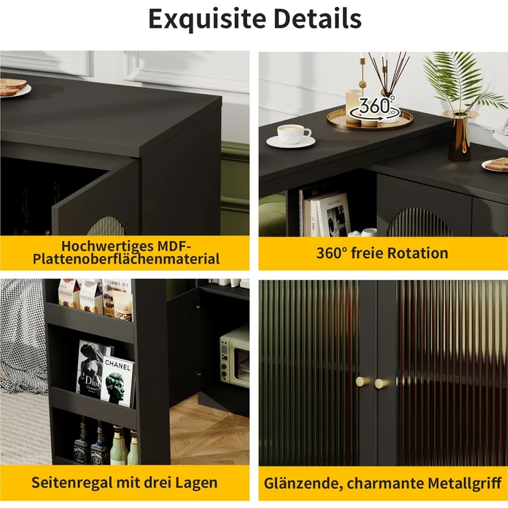 ZUBALIYA Drehbarer Bartisch 120 x 40 cm, mit Stauraum, mit Glastüren, MDF, Schwarz – Bild 15