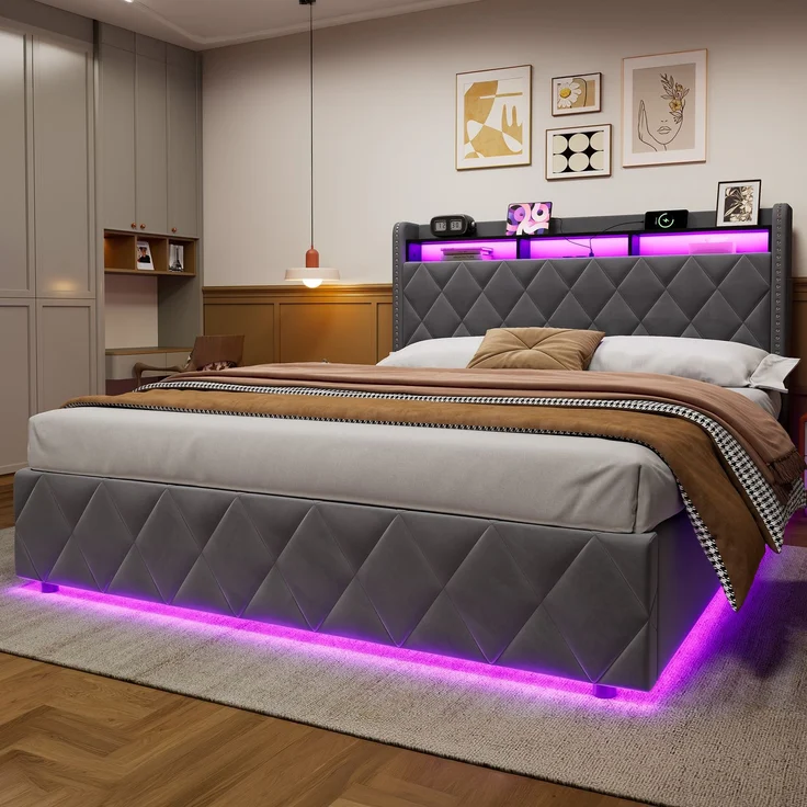 Einzelbett 140x200 cm mit LED-Beleuchtung, Ladefunktion und hydraulischem Stauraum – Ohne Matratze – Bild 3