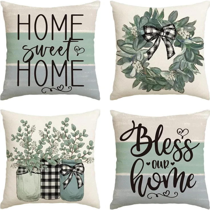 Kissenbezüge 45×45 cm 4er-Set Eukalyptus-Kranz, Bless Our Home, Buffalo Plaid, Frühling Deko