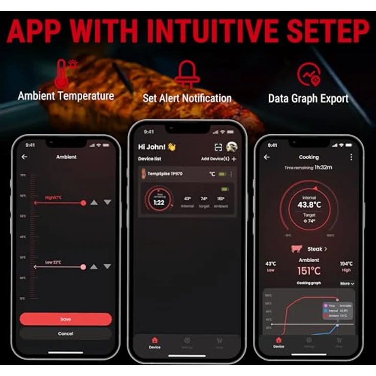 ThermoPro TempSpike Plus 180M kabelloses Fleischthermometer mit verbesserter ultradünner Sonde Bluetooth-Bratenthermometer für den Außengrill Smoker Grillthermometer mit APP für BBQ Küchen – Bild 6