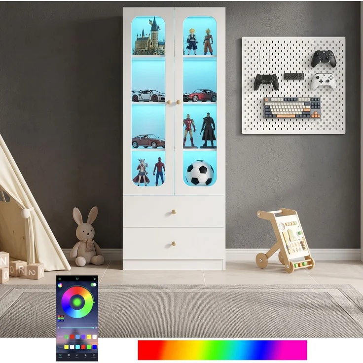 ZUBALIYA Glasvitrine, Küchenschrank, Aktenschrank, Sammelfiguren-Vitrine, 4 Ebenen Spielzeugschrank mit 2 Schubladen, LED-Leiste mit RGB-Farbwechsel per App steuerbar, goldene Metallgriffe, weiß, 60x35x170 cm – Bild 10