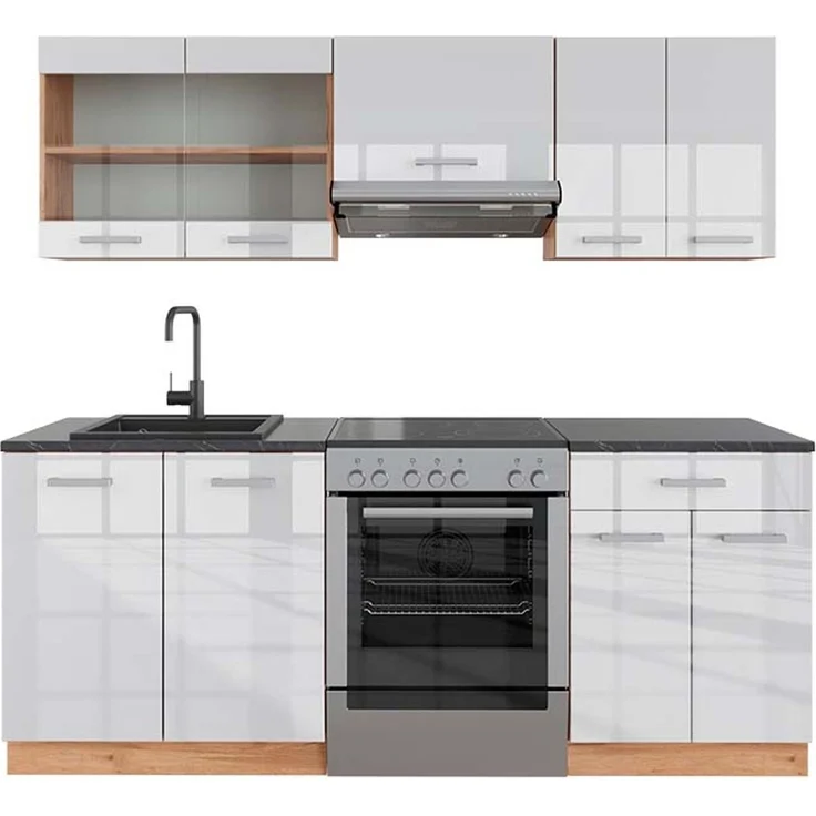 Küchenzeile R-Line Weiß Hochglanz/Goldkraft Eiche 200 cm , AP Anthrazit Vicco – Bild 1