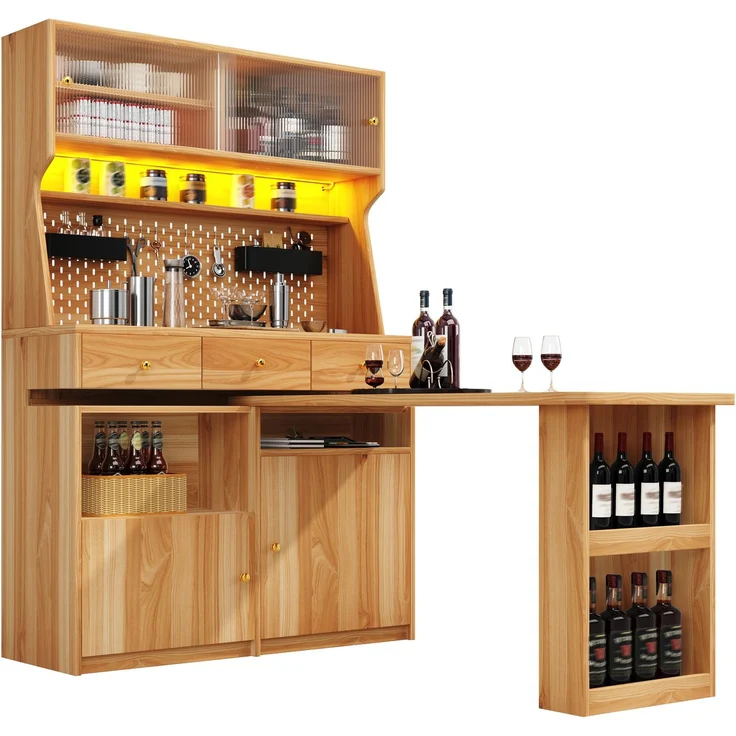Hochschrank mit Schreibtisch, MDF & Glas, LED per App, 137x74x177,7 cm, Natural – Bild 5