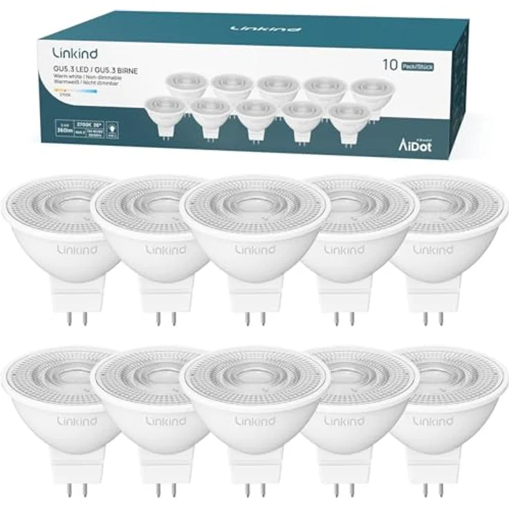 Linkind 12V GU5.3 Led 3.4W, 35 Watt ersetzt, 2700K Warmweiß 36° Abstrahlwinkel LED Spot MR16, 360Lm AC/DC 12V LED Leuchtmittel, 25,000 Std. Lebensdauer, Nicht dimmbar, 10 Stück – Bild 2