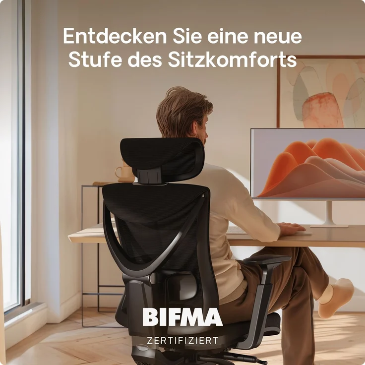 Desktronic Bürostuhl Verstellbarer Ergonomischer SitPro, Schwarz 3-Dimensional Armlehne, Integrierte 5-Wege-Lendenwirbelstütze – Bild 3