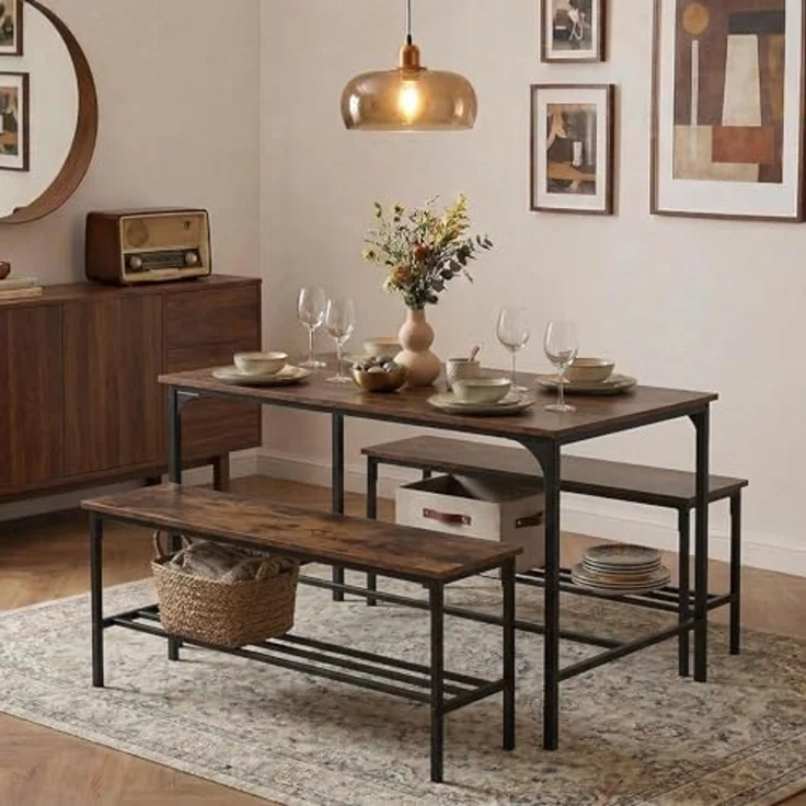 FurnitureR 3-teiliges rechteckiges Esszimmer-Set, Metall, Braun, Tisch 70 x 110 x 74 cm, Jede Bank: T30 x B100 x H45 cm – Bild 1