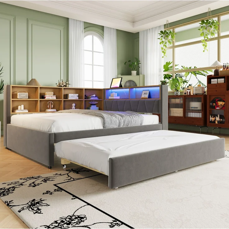 CHICFURN Bett aus Flanell Dunkelgrau 140x200 cm mit Ausziehbett 90x190 cm, LED-Beleuchtung und USB- und Type-C-Anschlüssen – Bild 2