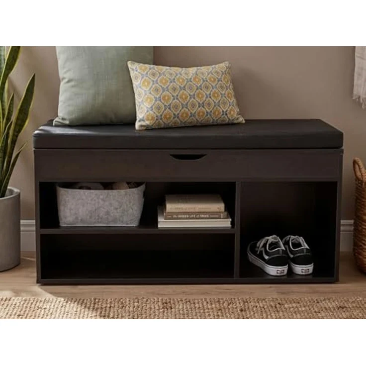 FINEBUY Schuhbank FB116472 104 cm Garderobenbank Sitzbank Stoff Flurbank Schwarz (mit Sitzfläche Garderobenbank 104x51x32 cm), Sitzbank Schmal Flur mit Stauraum, Truhenbank – Bild 6