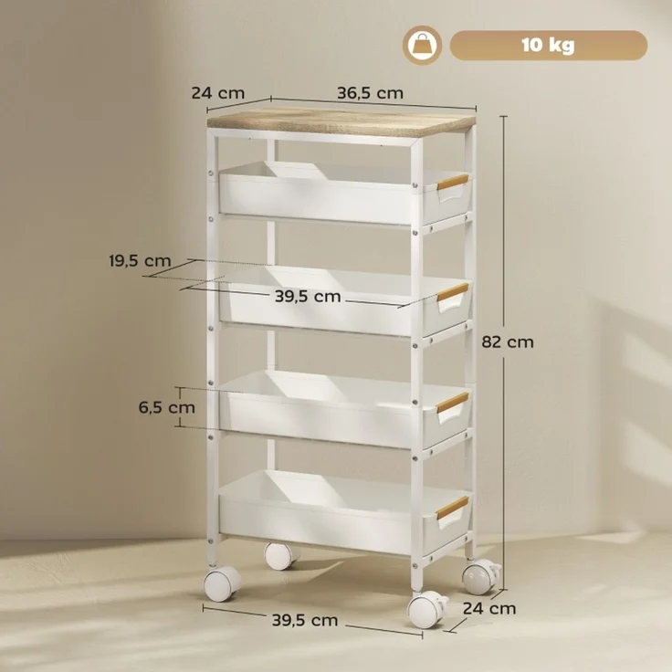 Rollwagen 39,5 x 24 x 82 cm mit 4 Schubladen, Metallrahmen und Holzoptik – Bild 4