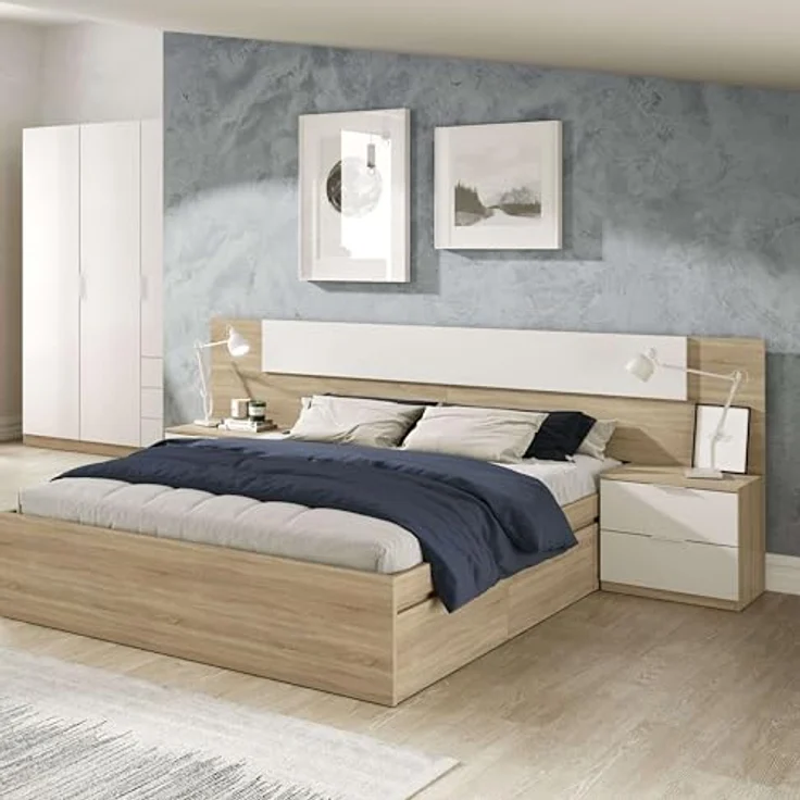 Habitdesign, modernes Kopfteil mit 2 Nachttischen – Schlafzimmer-Set für Doppelbett in Artik weiß & Kanadischer Eiche, viel Stauraum, Maße: 247 x 50 x 38 cm (B x H x T), Modell Alaya – Bild 6