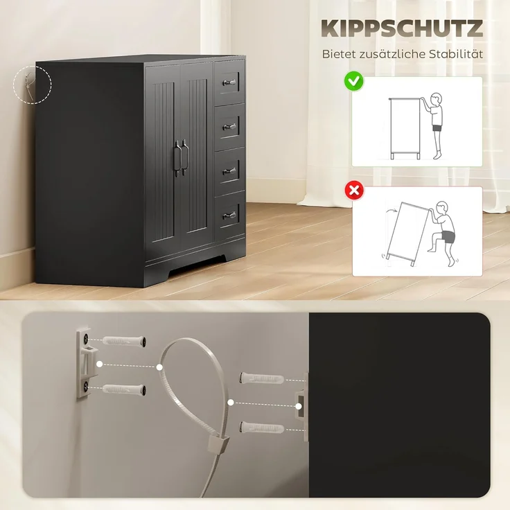 HOMCOM Sideboard Beistellschrank mit 4 Schubladen, 2 Türen, verstellbarem Einlegeboden (Aufbewahrungsschrank, 1 St, Küchenschrank), für Wohnzimmer, 105 x 40 x 76 cm, Schwarz – Bild 6