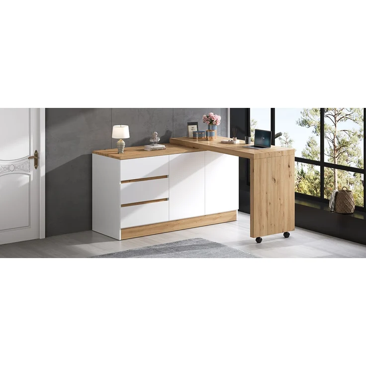 ZUBALIYA Schreibtisch mit feststellbaren Rollen – multifunktionales Design, 4 cm dickere, drehbare Tischplatte, fest arretierbar, weiß/Eiche, Faltbarer Schreibtisch, Eckschreibtisch, Sideboard,Dicke Materialie – Bild 21