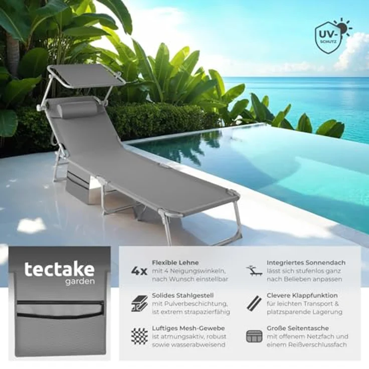 tectake® Sonnenliege klappbar, tragbar, Liege mit Seitentasche, Strandliege, Gartenliege mit Dach, Liegestuhl mit Verstellbarer Rückenlehne, inkl. Kopfkissen - für Balkon, Terrasse, Camping - grau – Bild 4