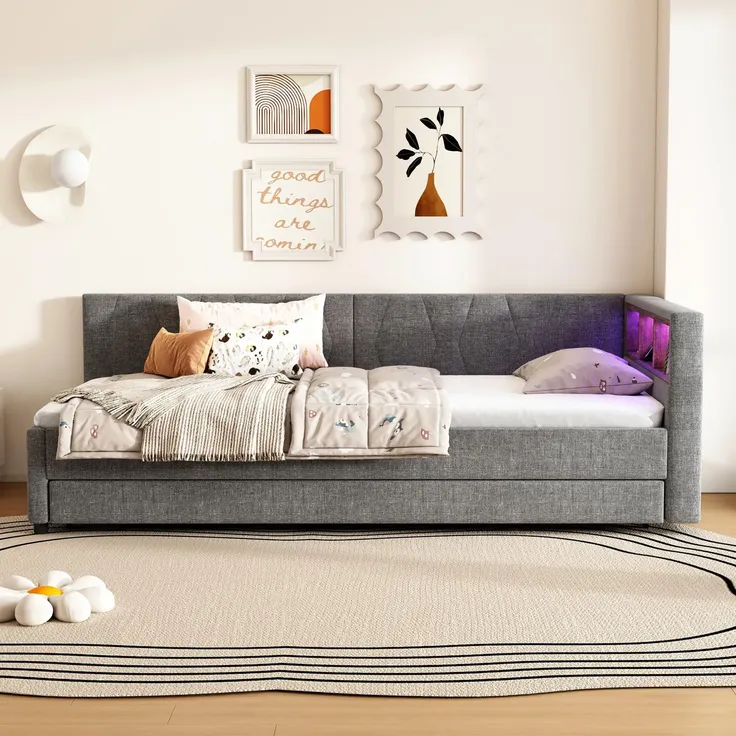 Schlafsofa mit LED-Beleuchtung und Gästebett, Polsterbett mit Lattenrost, Regal und Mehrfachsteckdose, 90x200 cm, Einzelbett, Leinen