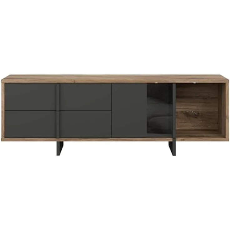 Forte JOKKAZ TV-Schrank 160, TV-Lowboard, 1 Tür, 2 Schubladen, Wohnzimmer, Holzwerkstoff, Flagstaff Eiche Holzdekor/Schwarz, 159,6 cm breit x 53,7 cm hoch x 42,0 cm tief – Bild 4