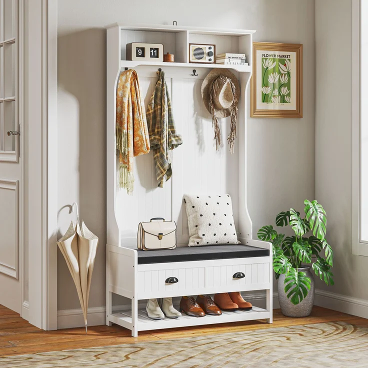 Faumrta 2-in-1 Garderobenständer, Kleiderständer mit 4 Haken, Garderobe mit Schuhbank und Ablagen, Jackenständer mit Kippschutz, für Eingangsbereich, Flur, Schlafzimmer, Weiß+Grau89CM*42CM*172CMWeißMDF (Medium-Density-Faserplatte) – Bild 7