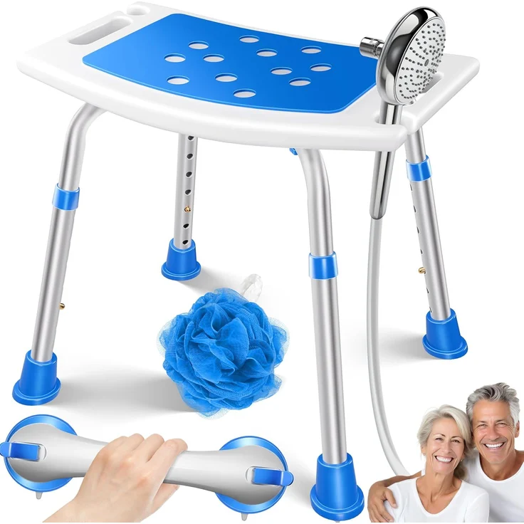 KESSER® Duschhocker höhenverstellbar | Leichter Badhocker rutschfeste Gummifüße Duschstuhl 136KG belastbar | Duschhilfe Senioren | Saugnapf Haltegriff Badewannengriff | Duschsitz mit Brausehalterung Weiß / Blau – Bild 1