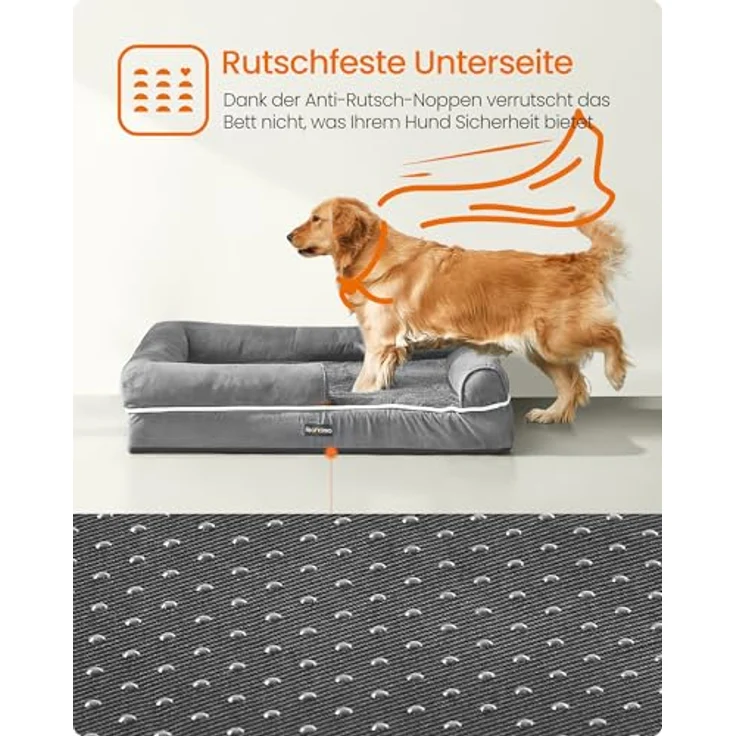 Feandrea Orthopädisches Hundebett, Hundekissen, Hundekorb, weiche Polsterung, Hundesofa, erhöhte Ränder, Bezug abnehmbar und waschbar, 112 x 86 x 18 cm, rutschfeste Unterseite, hellgrau PGW068G02V1 – Bild 9