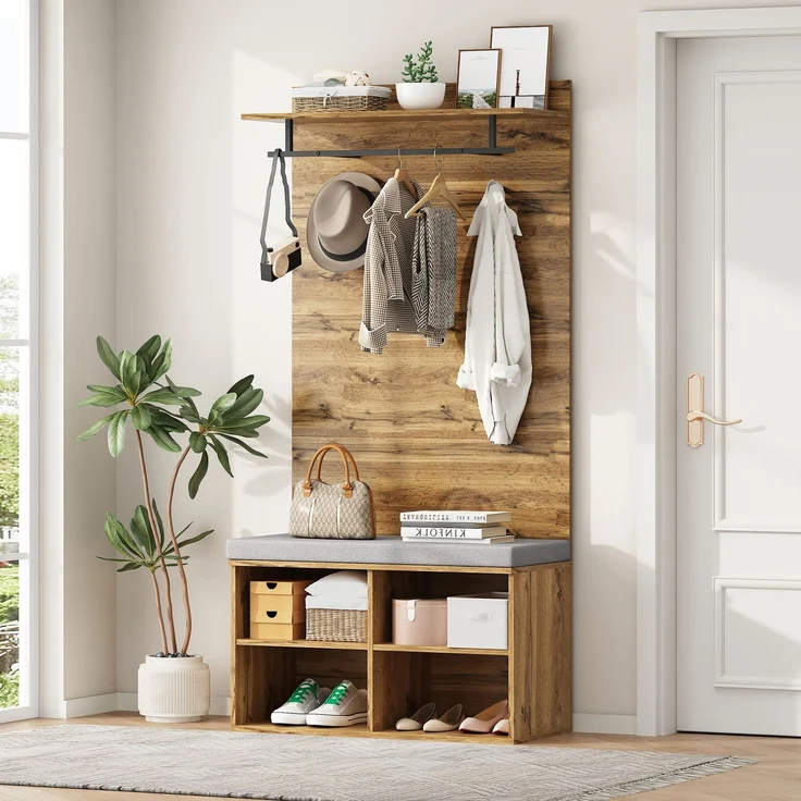 175 cm hohes Garderobenset in Holzoptik mit Schuhbank, verstellbarem Regal, Kleiderstange und Polster – 84 x 32 cm – Praktische Flurmöbel--Eiche--97.79x41.91x13.34cm--YOUDENOVA – Bild 6