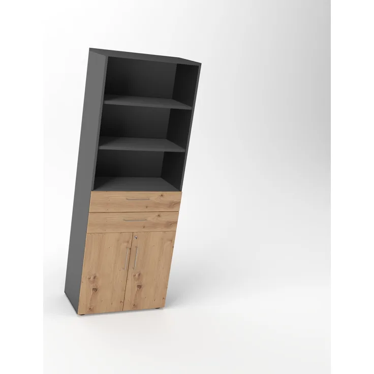 Rheinland Möbel Flügeltürenschrank Cabino 80×42×216 cm – abschließbarer Aktenschrank 2OH mit 2 Schubladen & Regalaufsatz 3OH in Graphit/Asteiche mit 110° Drehtüren & Metallgriff