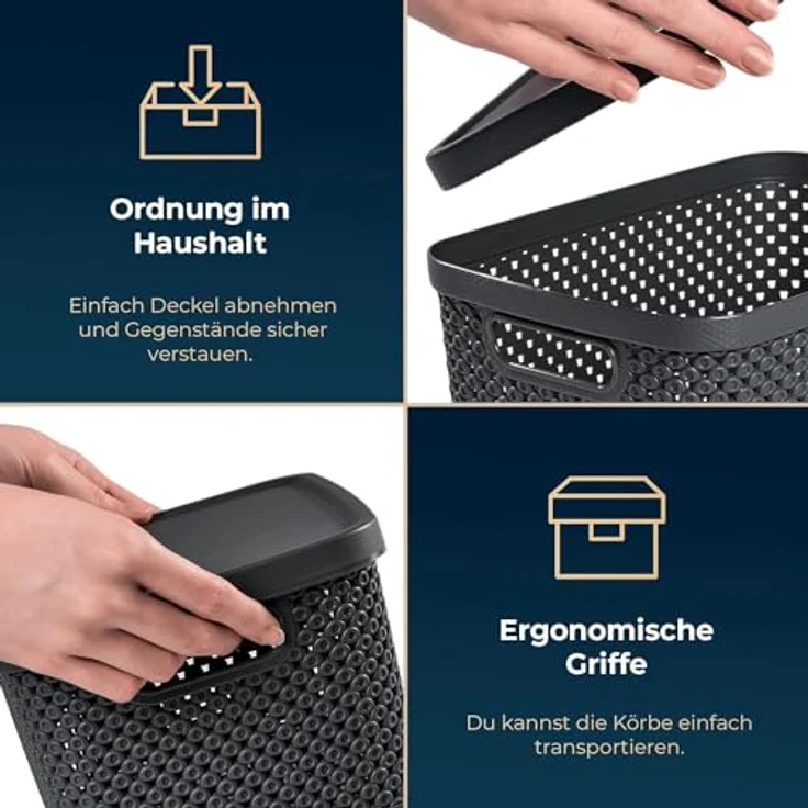 astor24 Aufbewahrungsbox 3er Set Aufbewahrungskorb mit Deckel Box Kiste Regalkorb Organizer (3er Set, 3er Set 13 Liter Aufbewahrungskörbe mit Deckel in aquamarin), erhältlich in 4 Größen und verschiedenen Farben – Bild 6