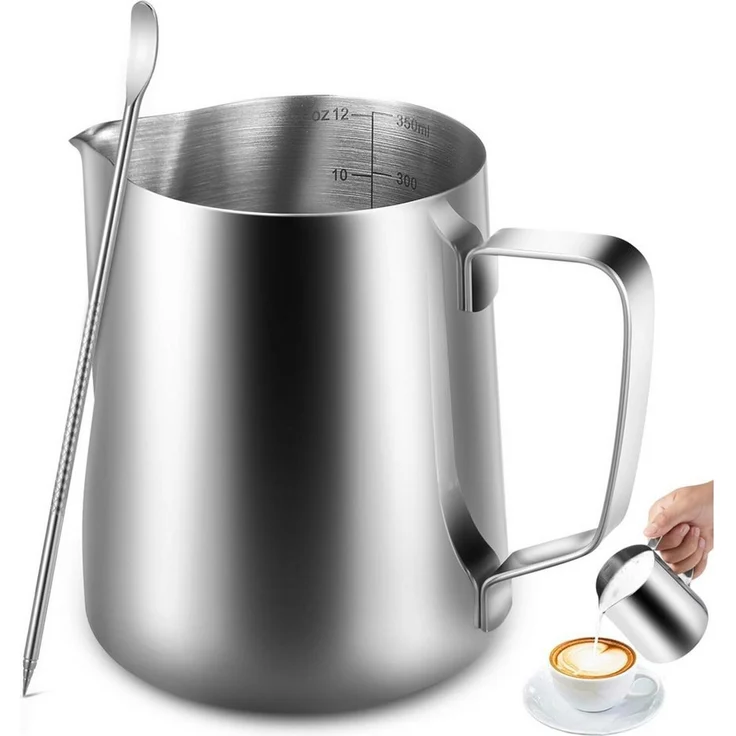 SURFOU Milchkännchen Edelstahl Milchkanne Barista Zubehör Milchaufschäumer Milchbehälter, 0.35 l, (Handheld Aufschäumkännchen Set, Kaffee Creamer Milch Aufschäumer Kännchen Tasse mit Messung Mark und Latte Art Pen, Milchkännchen perfekt für Barista Cap... – Bild 1