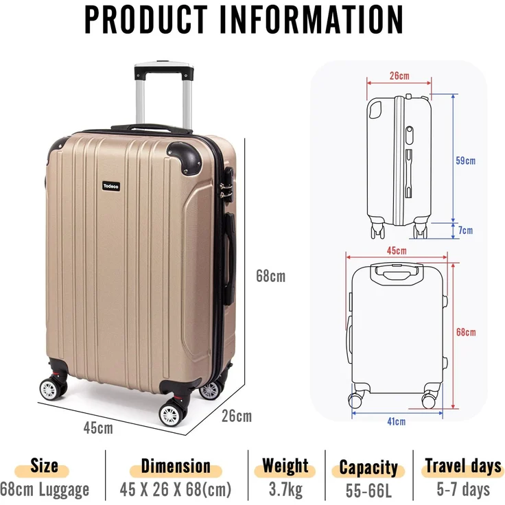 Todeco Mittelgroßer Koffer Trolley 68cm, Zwillingsrollen Reisekoffer Koffer Trolleys, 4 Rollen Leicht Hartschale aus ABS Aufgabegepäck, 68x45x26cm, 66 Liter, Champagner – Bild 5