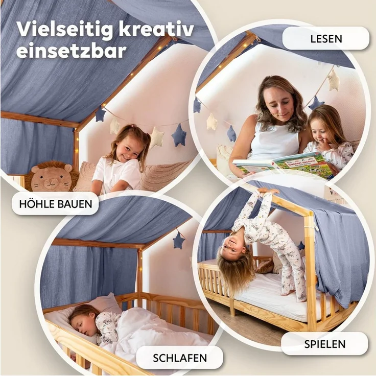 lilimaus Betthimmel Musselin Hausbett Himmel Kinderzimmer Baumwolle mit Gold, Gemütlicher Baldachin aus Baumwolle für traumhafte Kinderzimmer-Deko – Bild 2