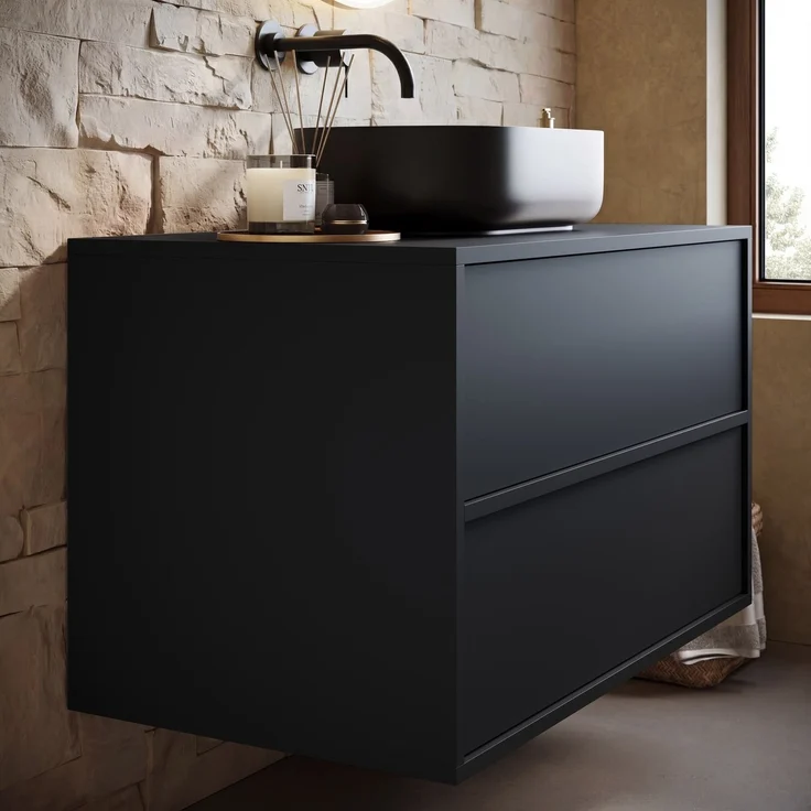Badplaats Waschbeckenunterschrank Mali 80 x 46 cm Mattschwarz - Hängender Badezimmerschrank mit 2 Schubladen und Montagematerial – Bild 2