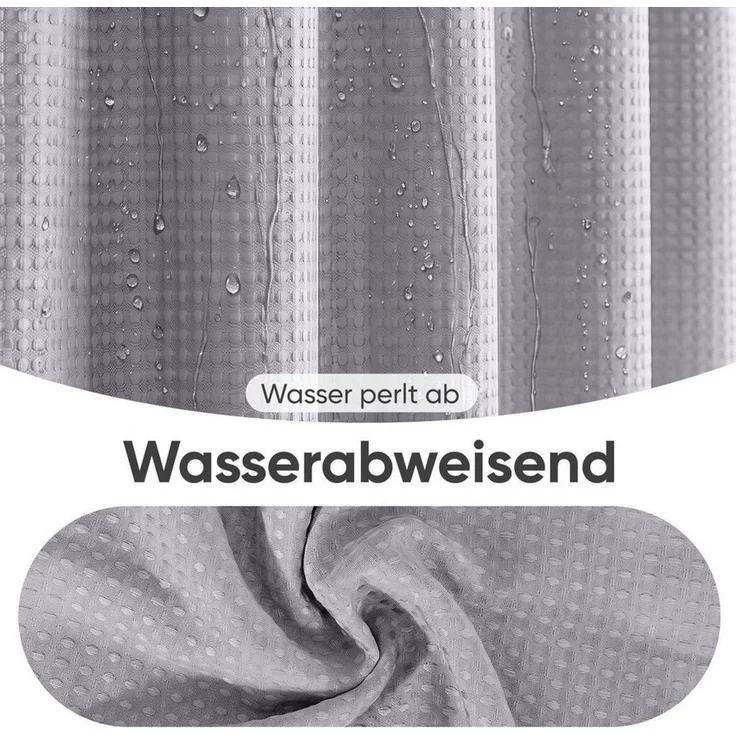 Sekey Duschvorhang 180x200 cm Textil Duschvorhang Waffelstoff Waschbar mit Ösen & Haken Breite 180 cm (Packung, inkl. 12 Ringe), wasserabweisend,Wannenvorhang, Polyester, Beschwerter Saum, Dunkelgrau – Bild 3