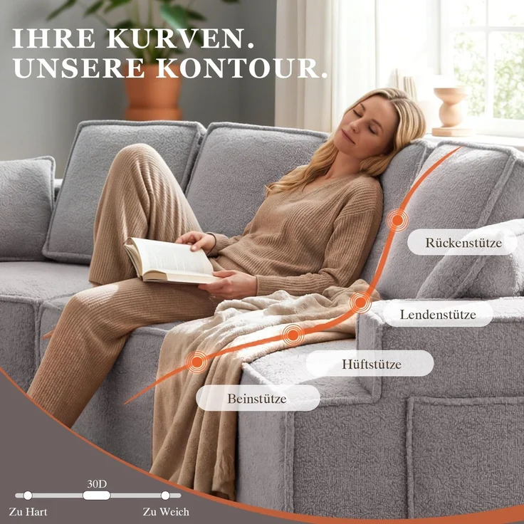 COMHOMA Sofa, modulares Schlafsofa, Polstersofa, 3-Sitzer Sofa, Flexible Sektionscouch,mit Aufbewahrungstasche, Couch mit schlaffunktion, Keine Montage erforderlich, Sherpa-Kunstfell-Bezug, Grau – Bild 3