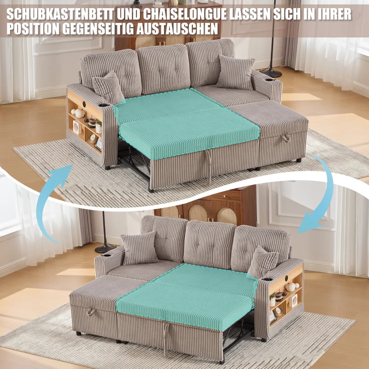 LVHOM Schlafsofa mit LED & USB, Ecksofa mit Ablagefächern, Schublade und Becherhaltern, Schlafcouch aus Cordstoff, frei Kombination, 196x144x85 cm – Bild 4