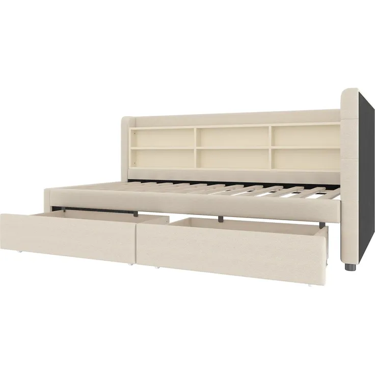 Stauraumbett mit Schubladen, Lattenrost, Regal, USB und Type-C Anschluss, 90x200 cm, Einzelbett, Polsterbett, Leinen – Bild 5