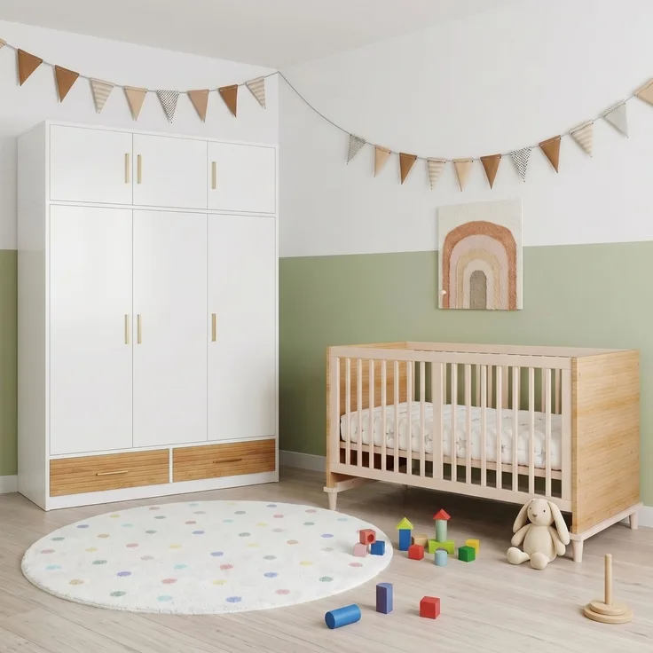 Merax 3-türiger Kleiderschrank + Gitterbett, Babyzimmermöbel, Kinderzimmermöbel-Set, Schlafzimmermöbel, freistehender Kleiderschrank mit Aufsatzschrank (120 x 50 x 180 cm), Babybett (70 x 140 x 87 cm), Naturholz