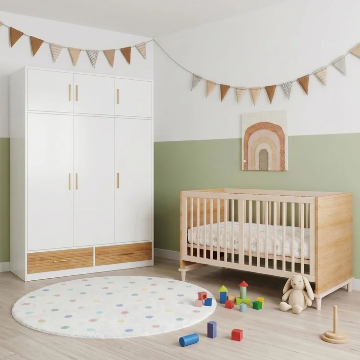 Merax 3-türiger Kleiderschrank + Gitterbett, Babyzimmermöbel, Kinderzimmermöbel-Set, Schlafzimmermöbel, freistehender Kleiderschrank mit Aufsatzschrank (120 x 50 x 180 cm), Babybett (70 x 140 x 87 cm), Naturholz – Bild 1
