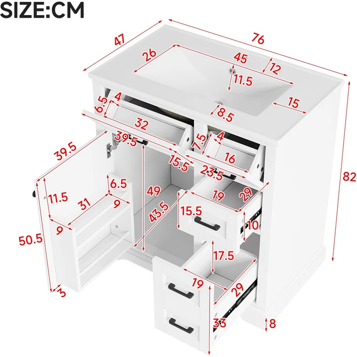 76 x 47 x 82 cm; bodenstehender Waschtischunterschrank; lackierte Oberfläche; Türen mit Soft-Close-Funktion; zweistufiger seitlicher Auszug; integriertes Keramikwaschbecken; Türregal; Weiß. – Bild 5