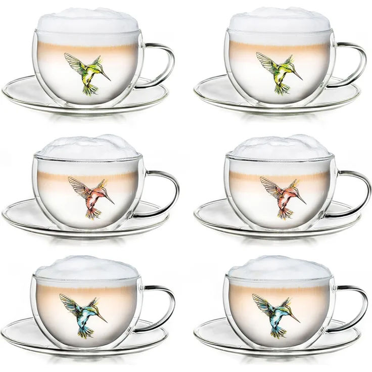 Creano Teeglas Creano 6er-Set Thermo-Tassen "Hummi" für Tee/Latte Macchiato, doppelwa, Borosilikatglas, 6 Tassen mit Untertassen