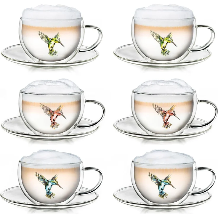 Creano Teeglas Creano 6er-Set Thermo-Tassen "Hummi" für Tee/Latte Macchiato, doppelwa, Borosilikatglas, 6 Tassen mit Untertassen