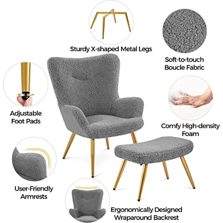 Yaheetech Ohrensessel mit Hocker Polyester-Bezug, Fernsehsessel Armlehnensessel Polstersessel Relaxsessel Cocktailsessel Teddy-Plüsch Stilvolles Design Grau – Bild 6