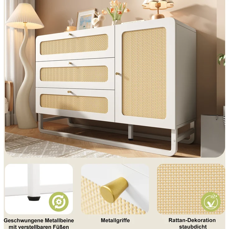 Sideboard Landhausstil mit Rattan & höhenverstellbaren Böden, 120x40x85 cm, Weiß – Bild 7