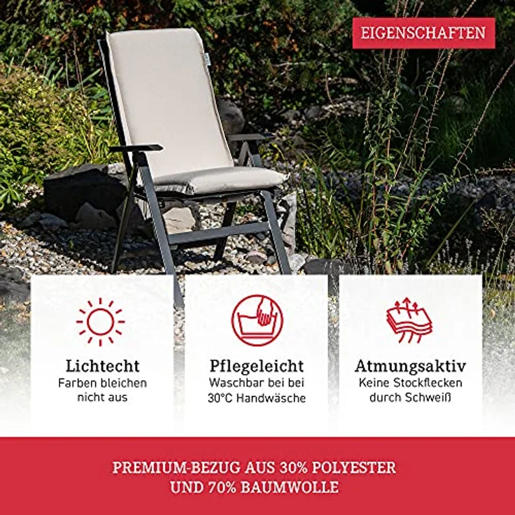 Beo Hochlehner Auflagen Waschbar Ascot | Made in EU Premium Plus Qualität | UV-beständige Gartenstuhlauflagen Hochlehner mit Reißverschluss | Atmungsaktive Stuhlauflagen Hochlehner in Hell-Grau – Bild 5
