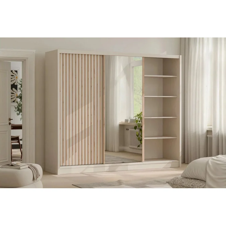 Deine Möbel 24 Schwebetürenschrank NEW YORK LUX Kleiderschrank mit Spiegel und Lamellen, 250 oder 203 cm (Set, 1-St, ideal für Schalfzimmer & Flur) in Kaschmir, modern, mit viel Stauraum – Bild 3