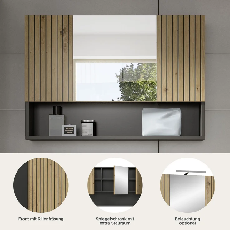 Spiegelschrank B/H/T: 80x55x17 cm in Basalt Nachbildung und -- – Bild 8