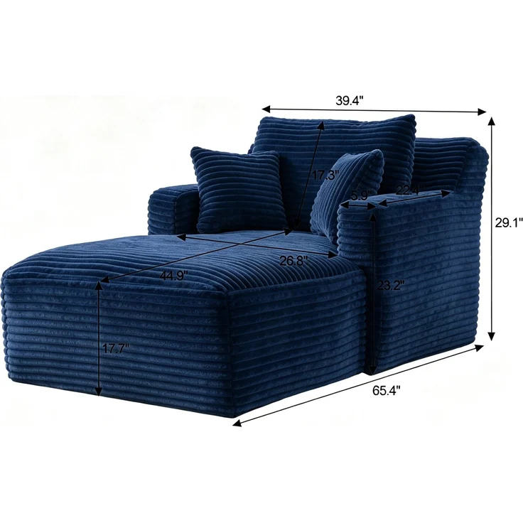 Chaiselongue mit Cordstoff, vakuumkomprimierter Relaxsessel mit Taschenfederkern und hochdichtem Schaumstoff, keine Montage erforderlich, bequemer Loungesessel für Wohnzimmer--Antikblau--100x166x127cm--YOUDENOVA – Bild 3