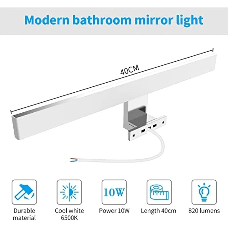 Aourow LED Spiegelleuchte Bad 10W,40CM 820LM Spiegellampe Badezimmer,Kaltes Weiß 6500K IP44 Wasserdicht Badlampe Spiegel KLASSE II 230V Spiegelschrank Beleuchtung – Bild 2